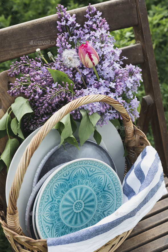 picnic basket with dishes Stock Photo by azgek PhotoDune